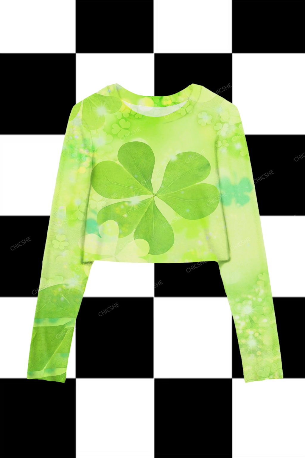 Chicshe Romantic Clover Print Y2K Mesh Long Sleeve Crop Top
