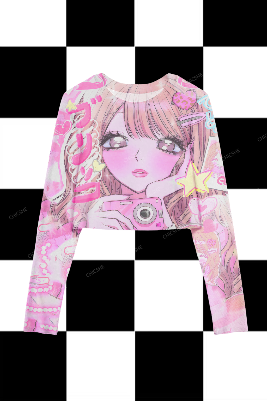Chicshe  Pink Girl With Camera Y2K Mesh Long Sleeve Crop Top