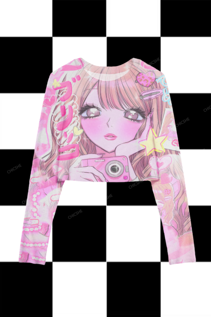 Chicshe  Pink Girl With Camera Y2K Mesh Long Sleeve Crop Top