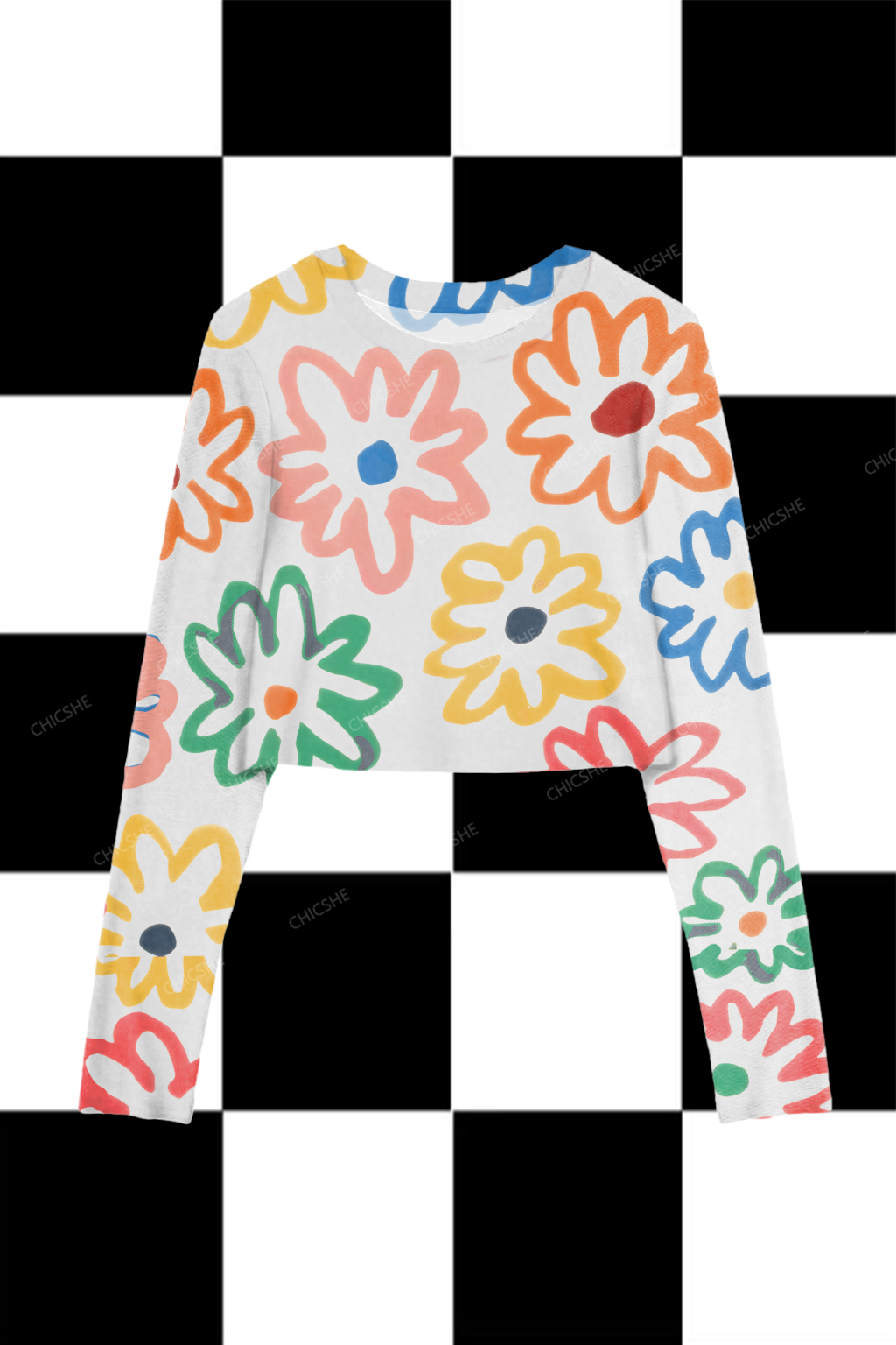 Chicshe Colorful Large Flower Print Y2K Mesh Long Sleeve Crop Top