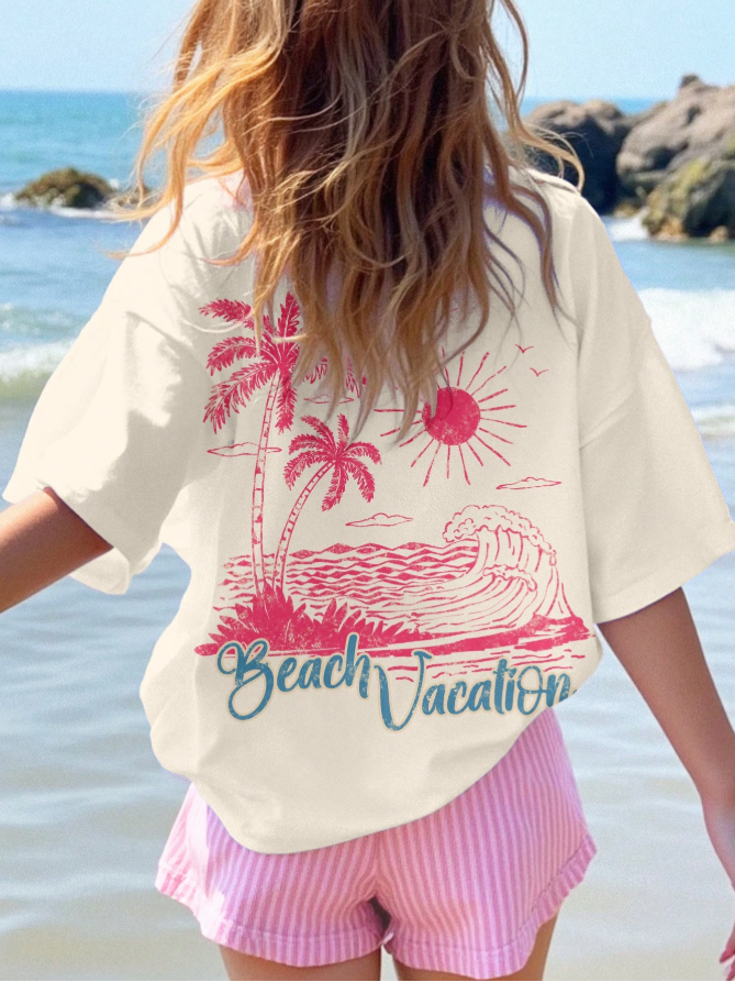 Vintage Holiday Coastal Palm Tree Print Oversized Casual T-Shirt