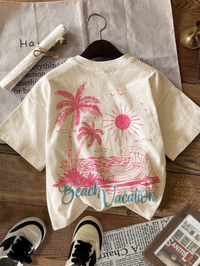 Vintage Holiday Coastal Palm Tree Print Oversized Casual T-Shirt