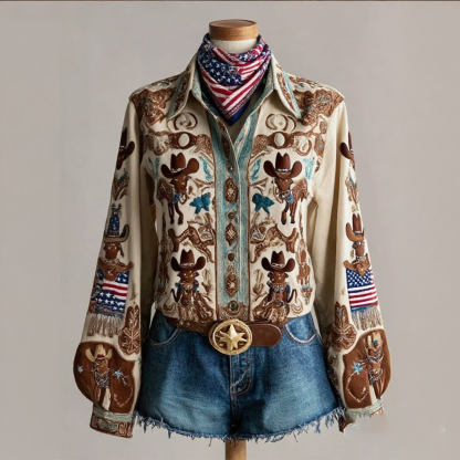 Women's Vintage Western Red Floral Long Sleeve Shirt