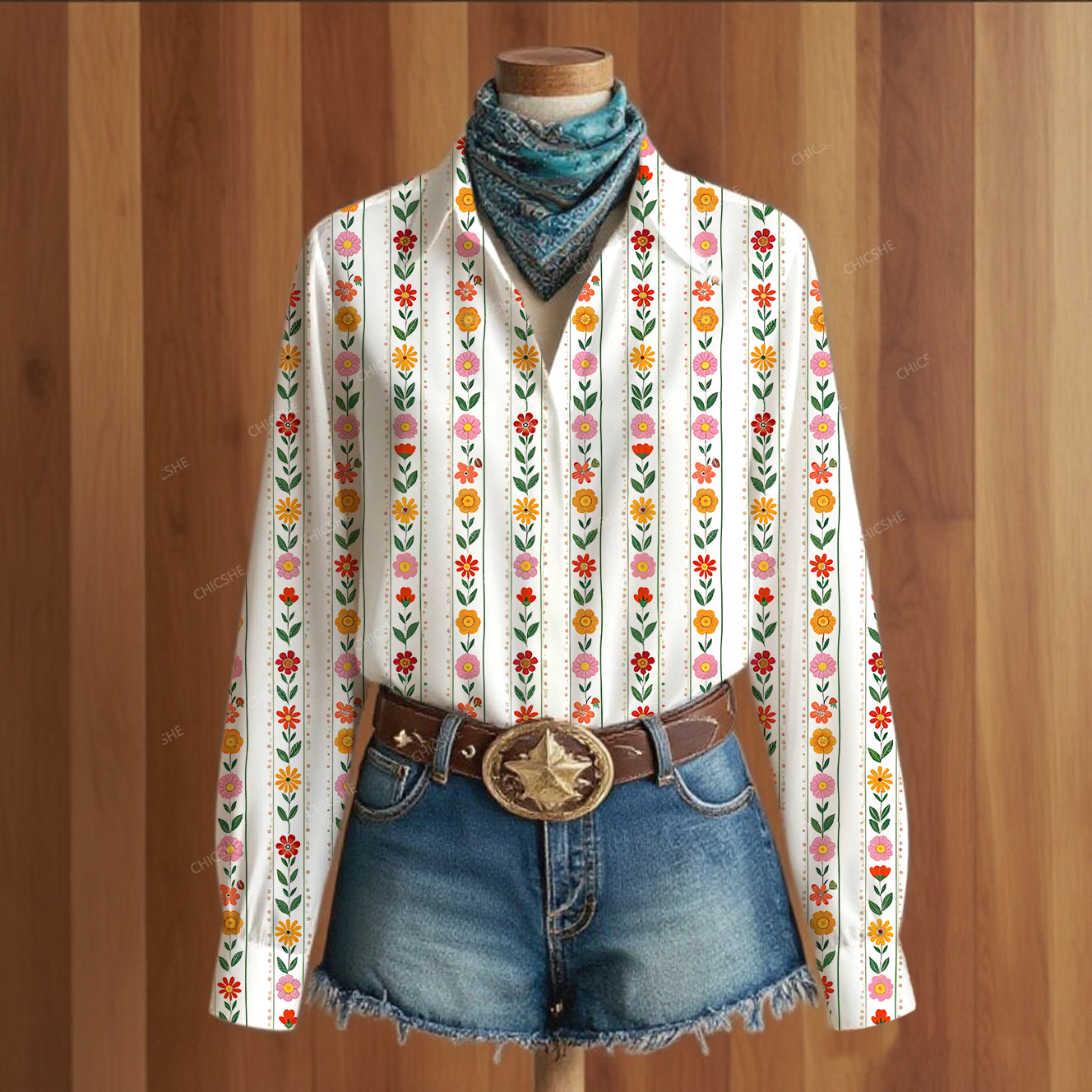 Women's Fresh Little Flowers Print Long Sleeve Shirt