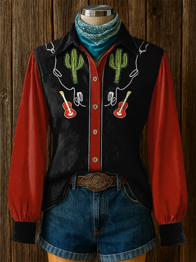 Women's Vintage Western Red Floral Long Sleeve Shirt