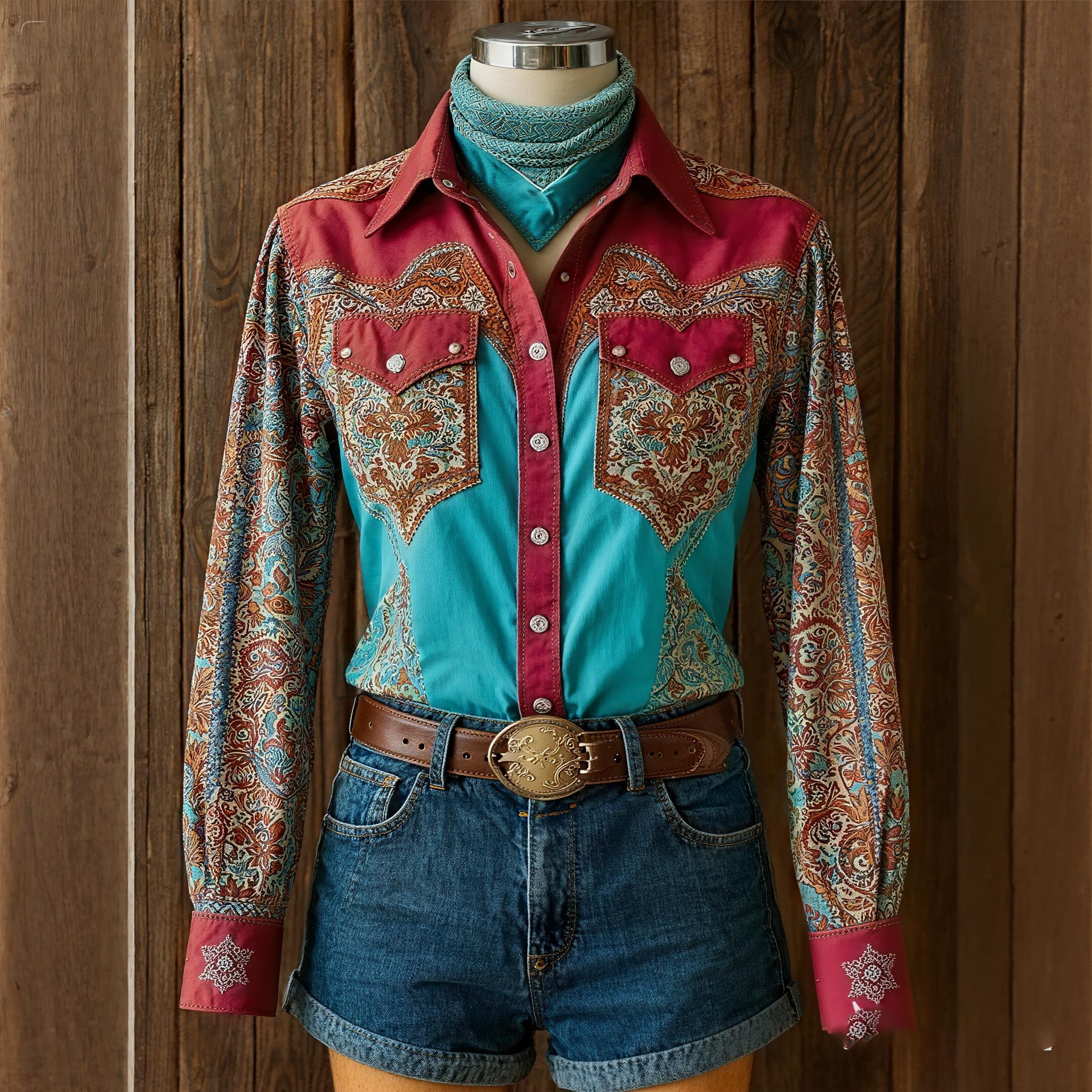 Women's Vintage Western Red Floral Long Sleeve Shirt