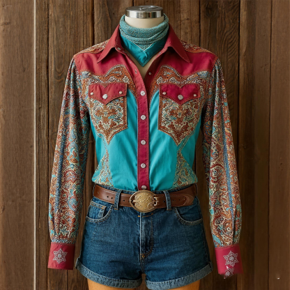 Women's Vintage Western Red Floral Long Sleeve Shirt