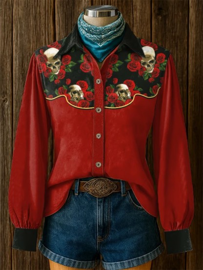 Women's Vintage Western Red Floral Long Sleeve Shirt