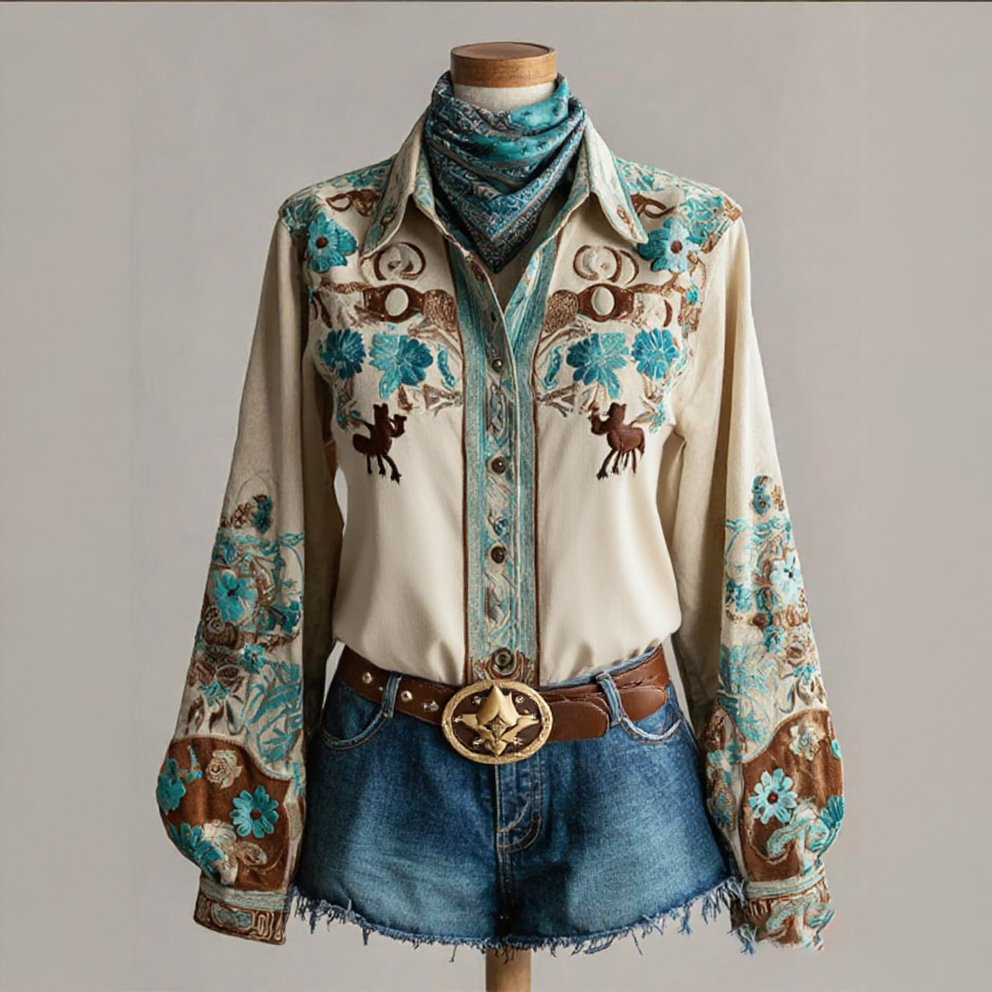 Women's Vintage Western Red Floral Long Sleeve Shirt