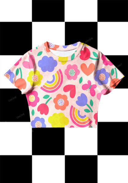 Chicshe Colorful Flowers And Rainbow Y2K Mesh Crop Top