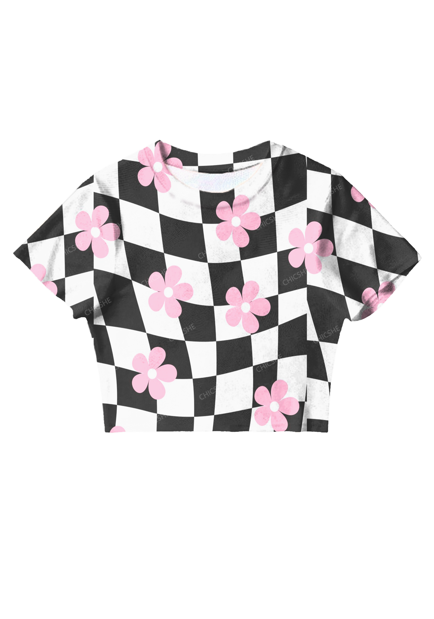 Chicshe Black And White Plaid Pink Flowers Y2K Mesh Crop Top