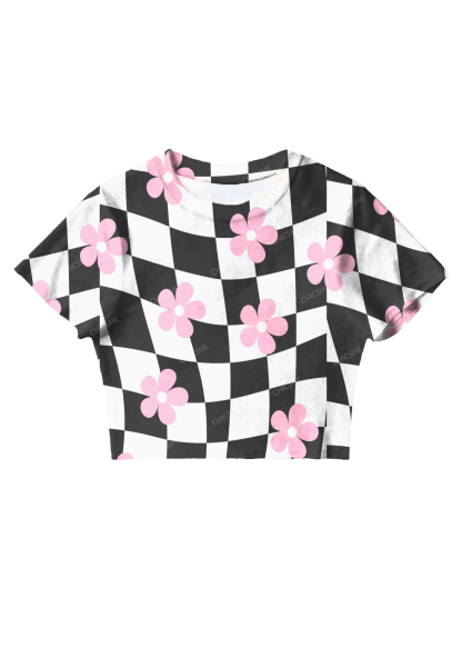Chicshe Black And White Plaid Pink Flowers Y2K Mesh Crop Top