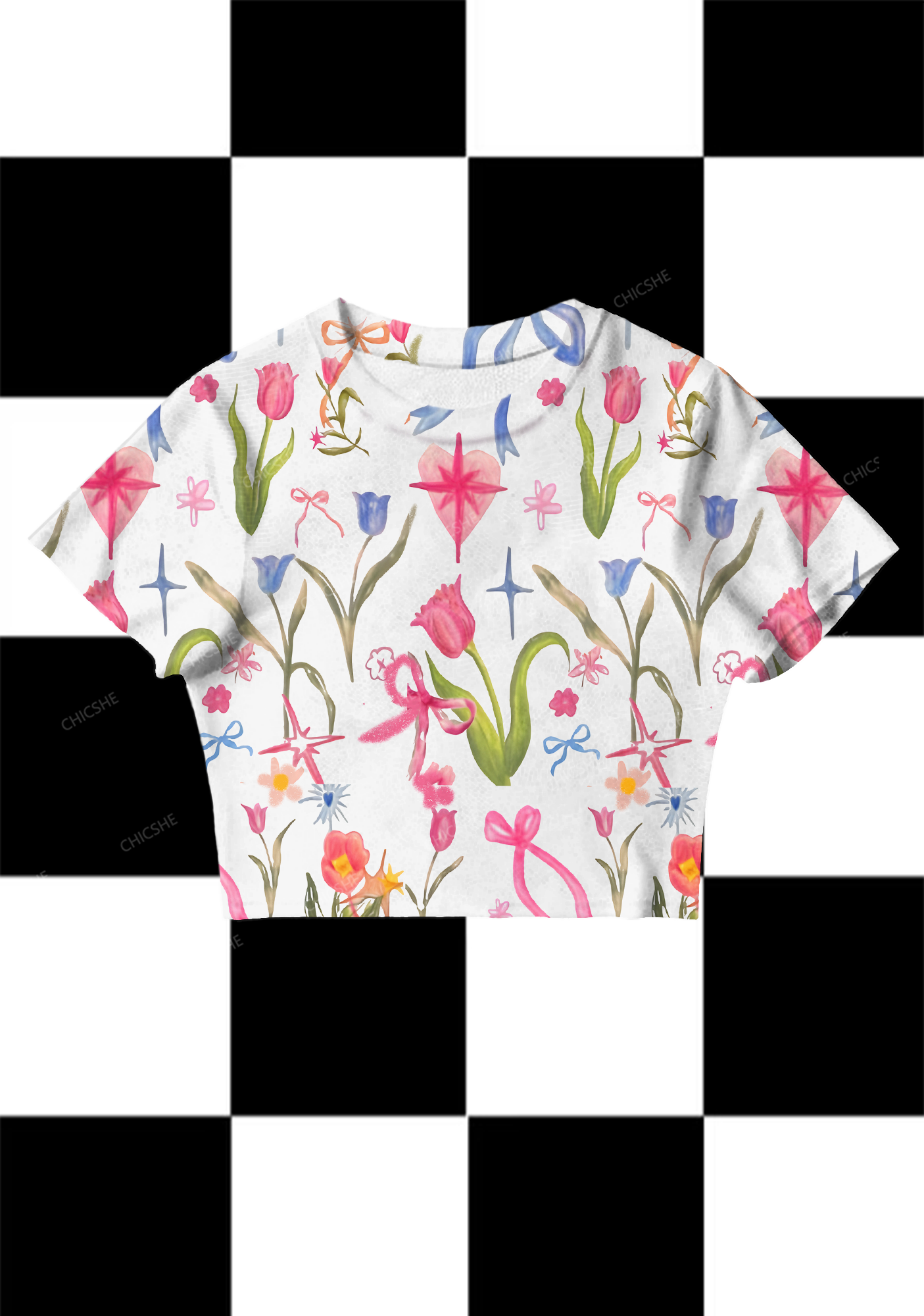 Chicshe Hand Drawn Tulips Y2K Mesh Crop Top