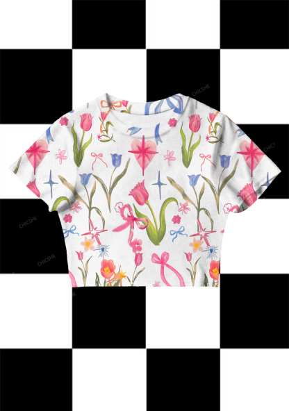 Chicshe Hand Drawn Tulips Y2K Mesh Crop Top