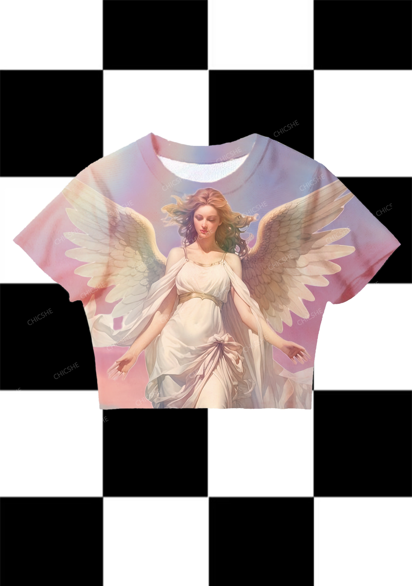Chicshe Dream Angel Print Y2K  Mesh Crop Top