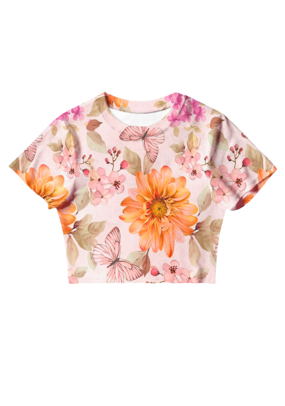 Chicshe Orange Floral Butterfly Y2K Mesh Crop Top