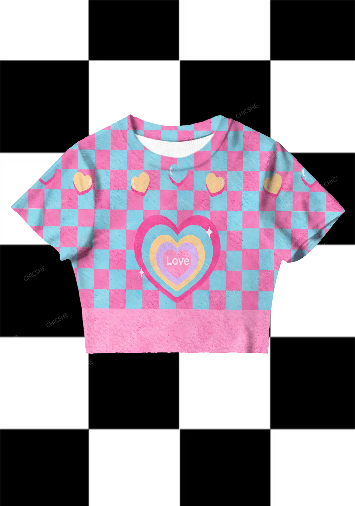 Chicshe Pink And Blue Plaid print Y2K Mesh Crop Top