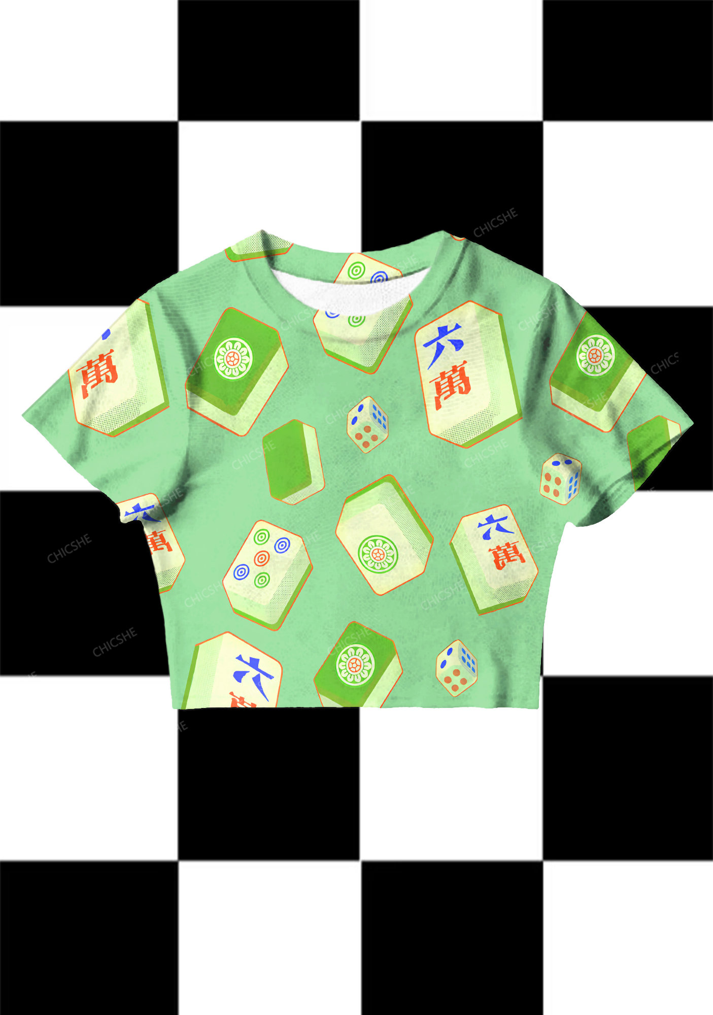 Chicshe Good Luck Mahjong Y2K Mesh Crop Top