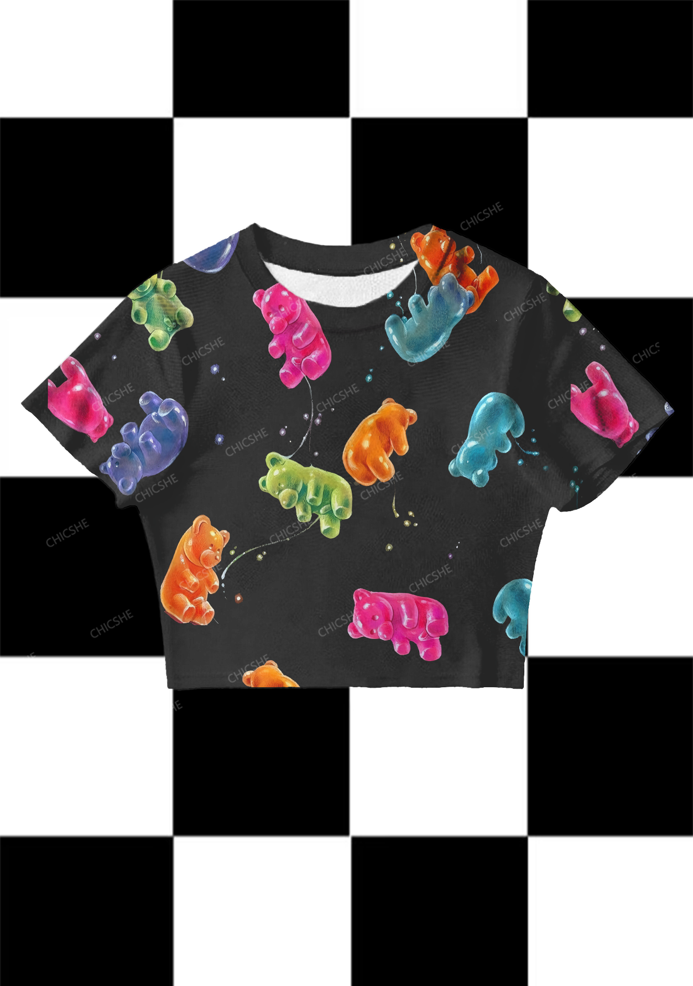 Chicshe Floating Colorful Bear Y2K Mesh Crop Top