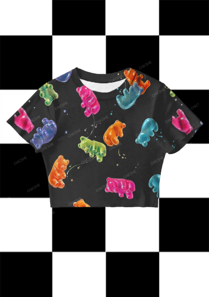 Chicshe Floating Colorful Bear Y2K Mesh Crop Top