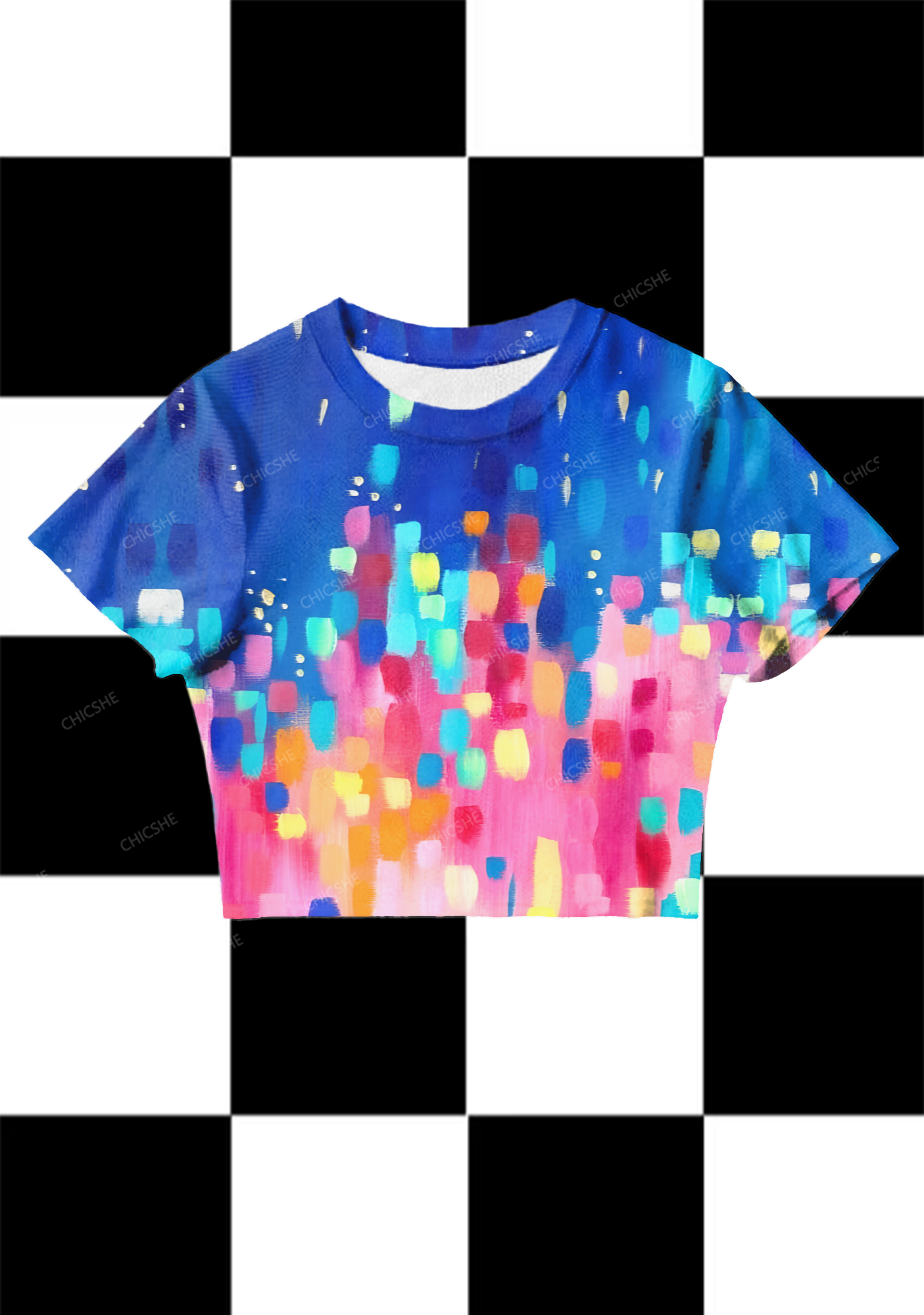 Chicshe Abstract Colorful Squares Y2K Mesh Crop Top