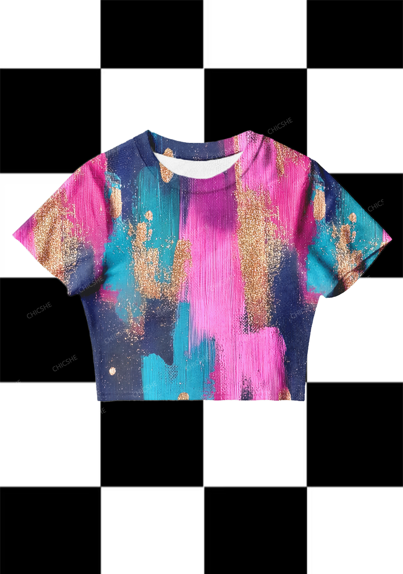 Chicshe Romantic Colorful Texture Print Y2K Mesh Crop Top