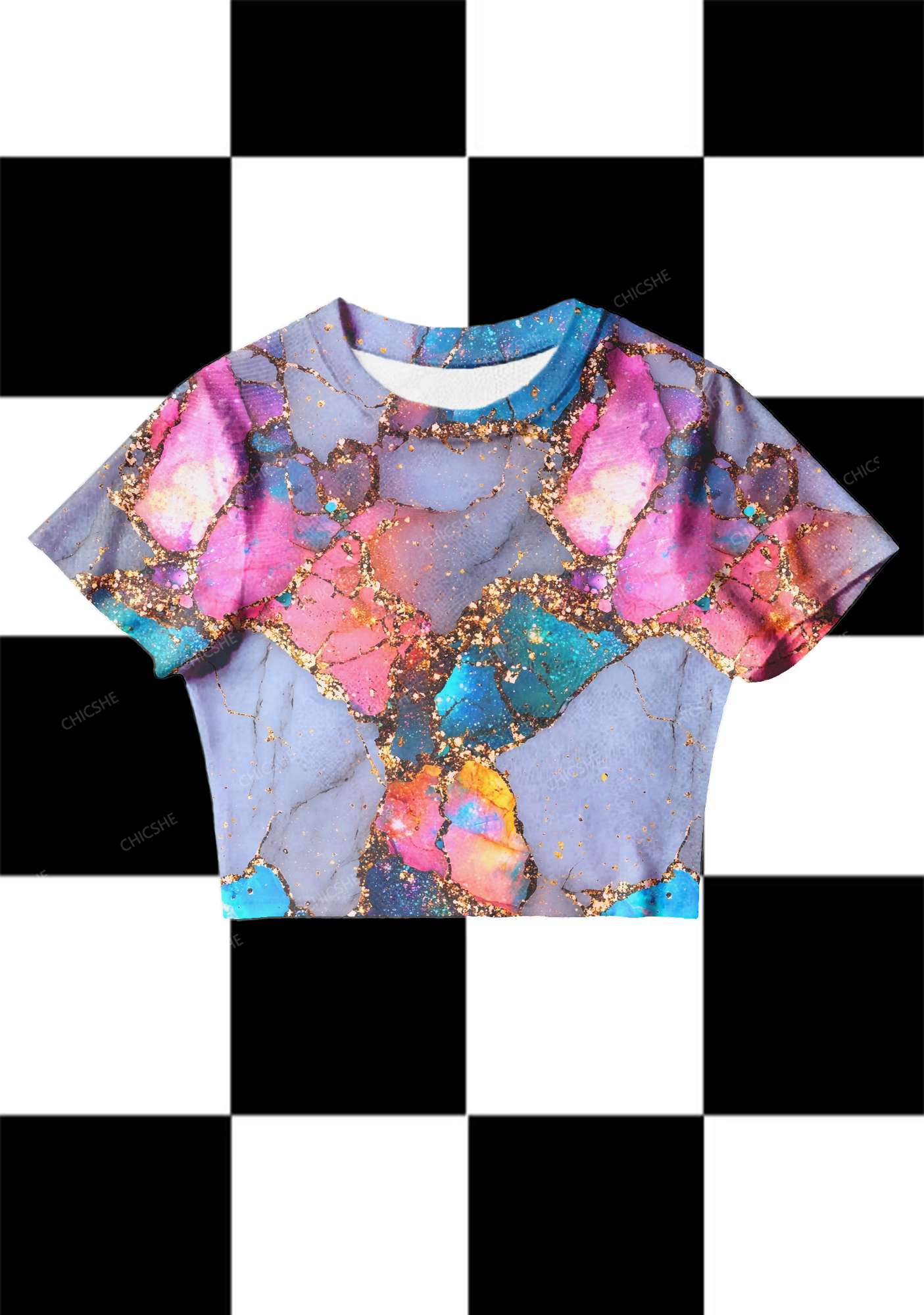 Chicshe Colorful Texture Print Y2K Mesh Crop Top