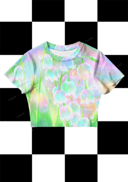 Chicshe Transparent Bluebells Print Y2K Mesh Crop Top