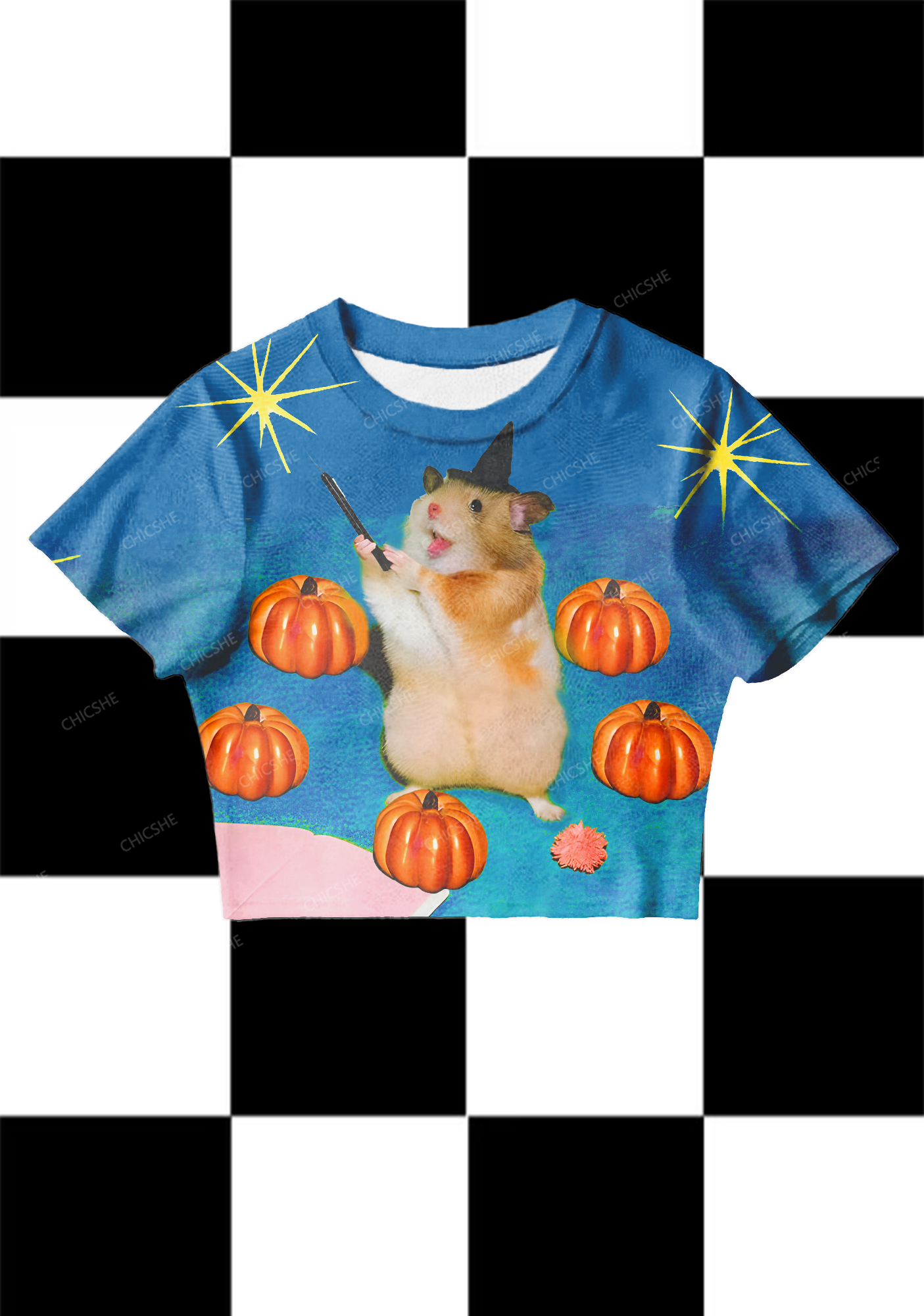 Chicshe Blue Pumpkin Wizard Rat Y2K Mesh Crop Top