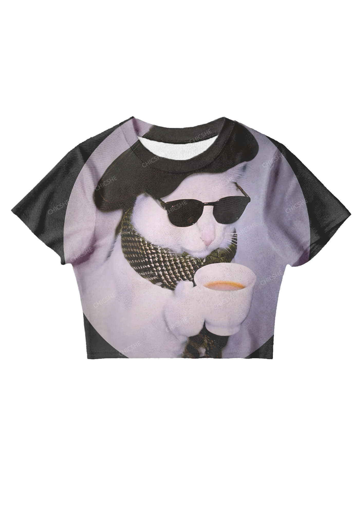 Chicshe Cat Drinking Coffee Y2K Mesh Crop Top