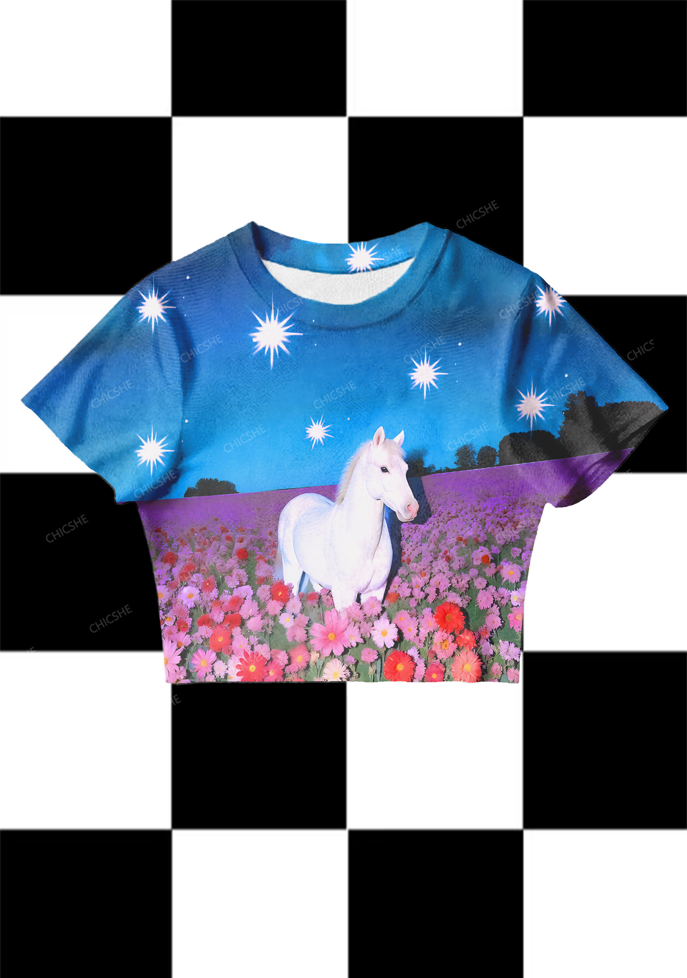 Chicshe White Horse Under The Starry Sky Y2K Mesh Crop Top