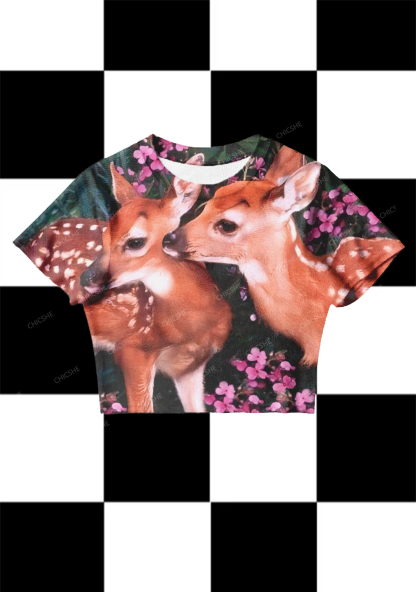 Chicshe Pink Flowers And Sika Deer Y2K Mesh Crop Top