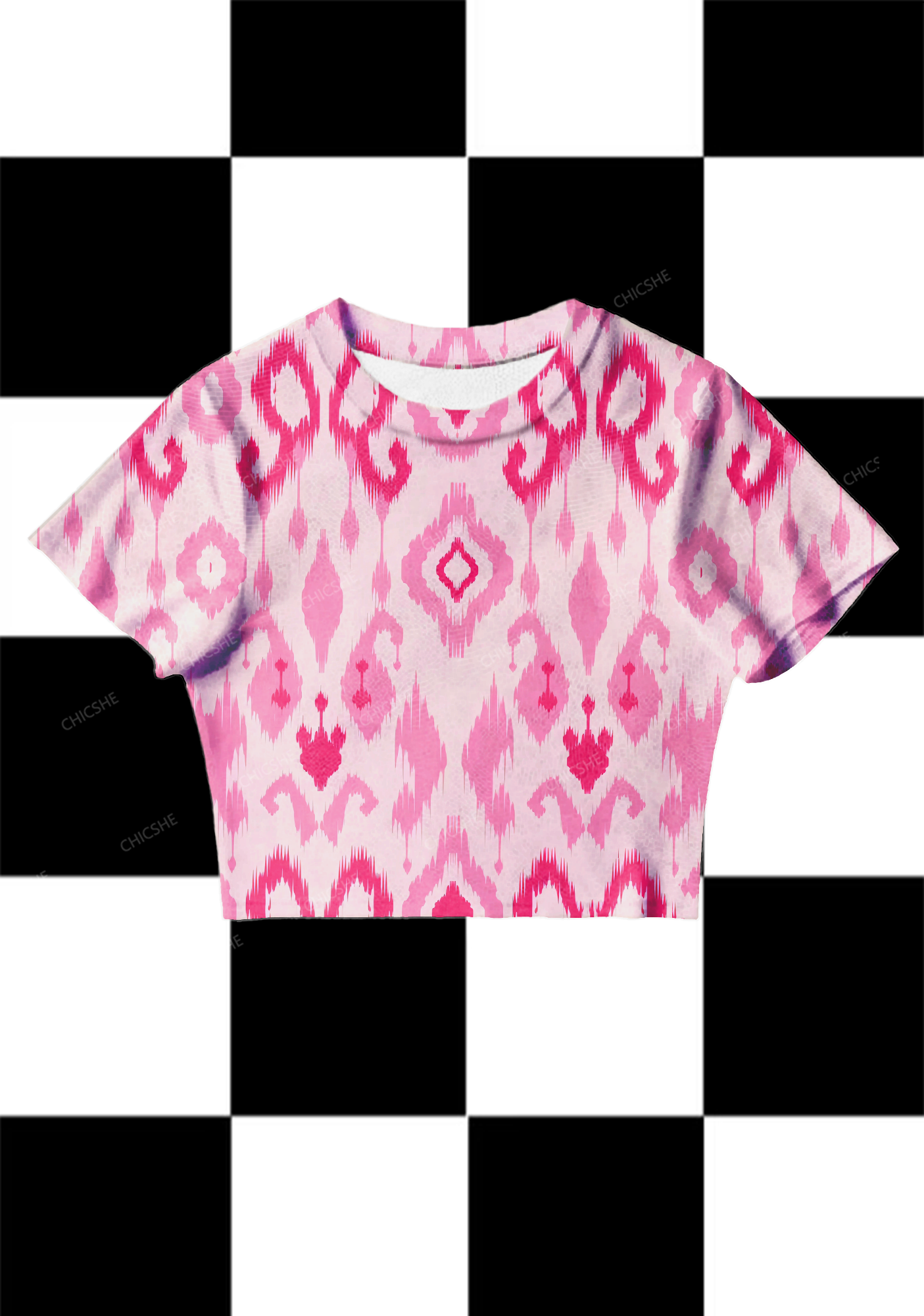 Chicshe Pink Abstract Print Y2K Mesh Crop Top