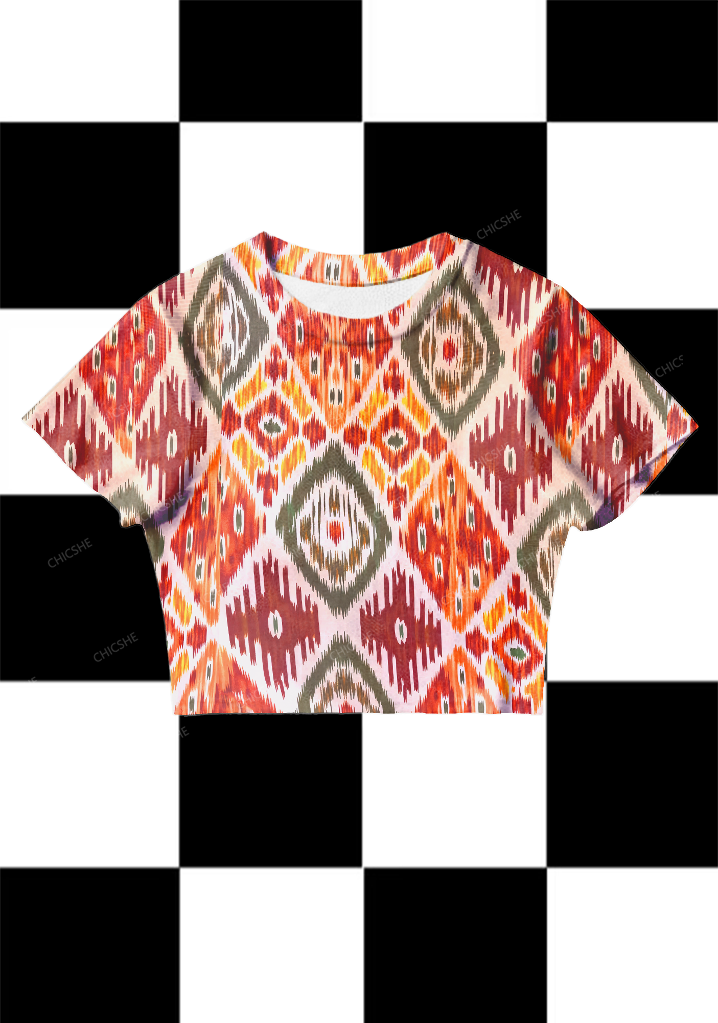 Chicshe Colorful Abstract Print Y2K Mesh Crop Top