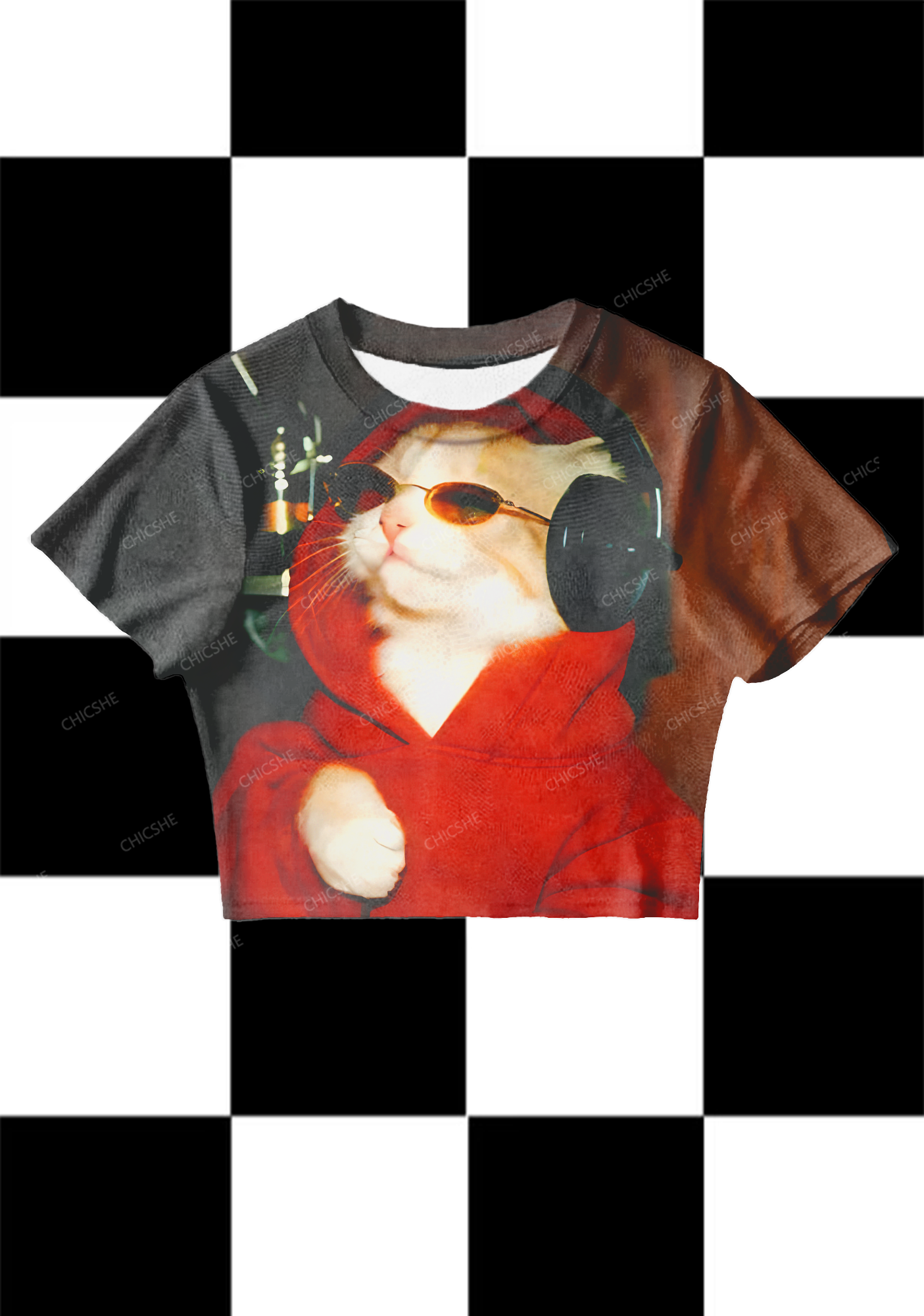 Chicshe Red Sweater Singer Cat Y2K Mesh Crop Top