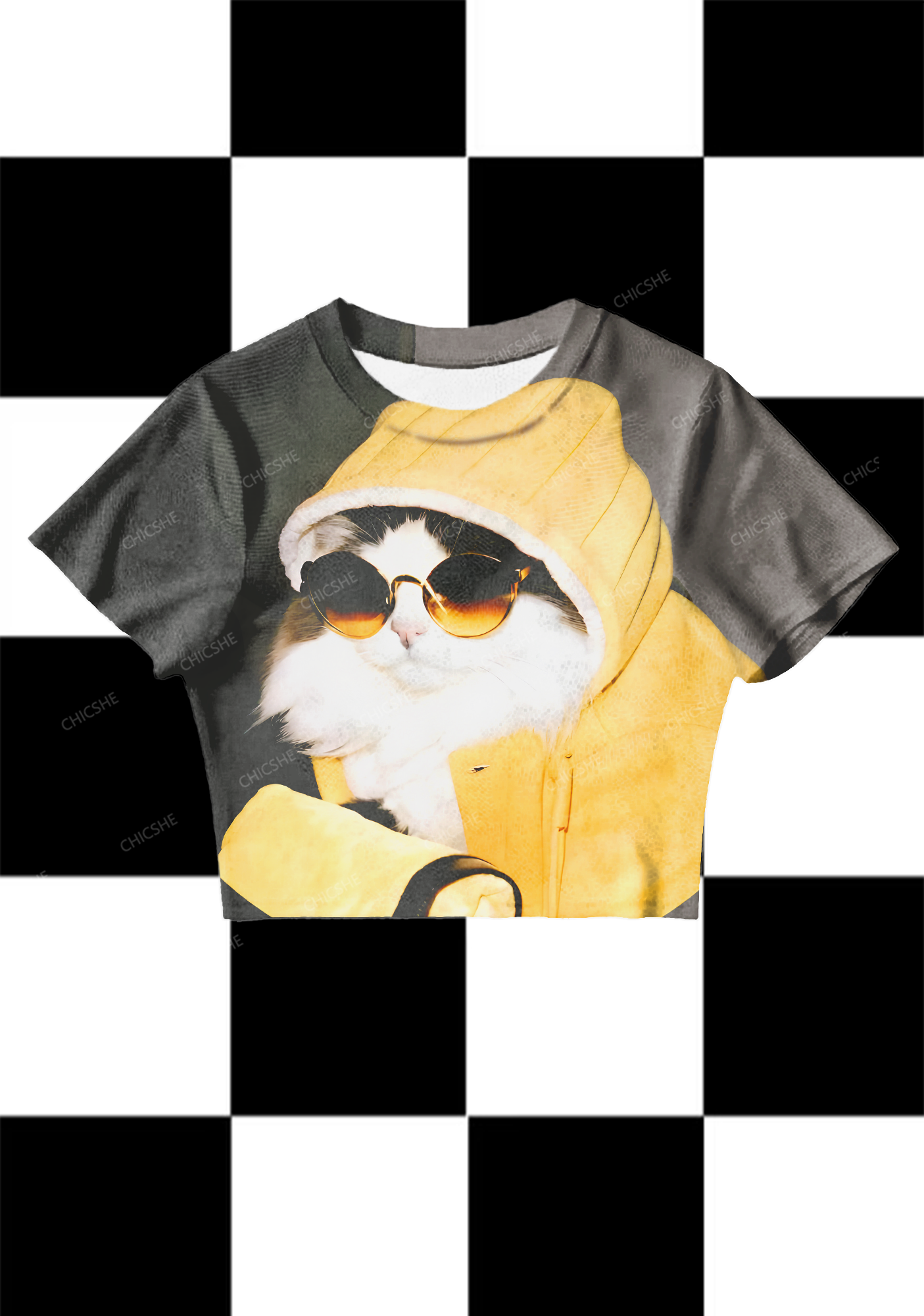 Chicshe Cool Cat In Yellow Sweatshirt Y2K Mesh Crop Top