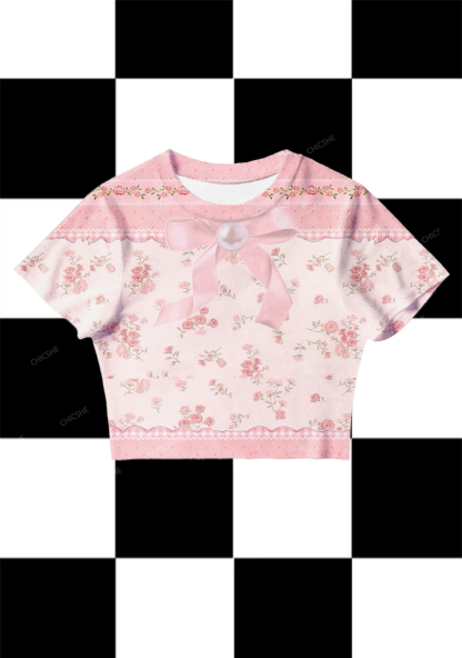 Chicshe Pink Florals And Bows Y2K Mesh Crop Top