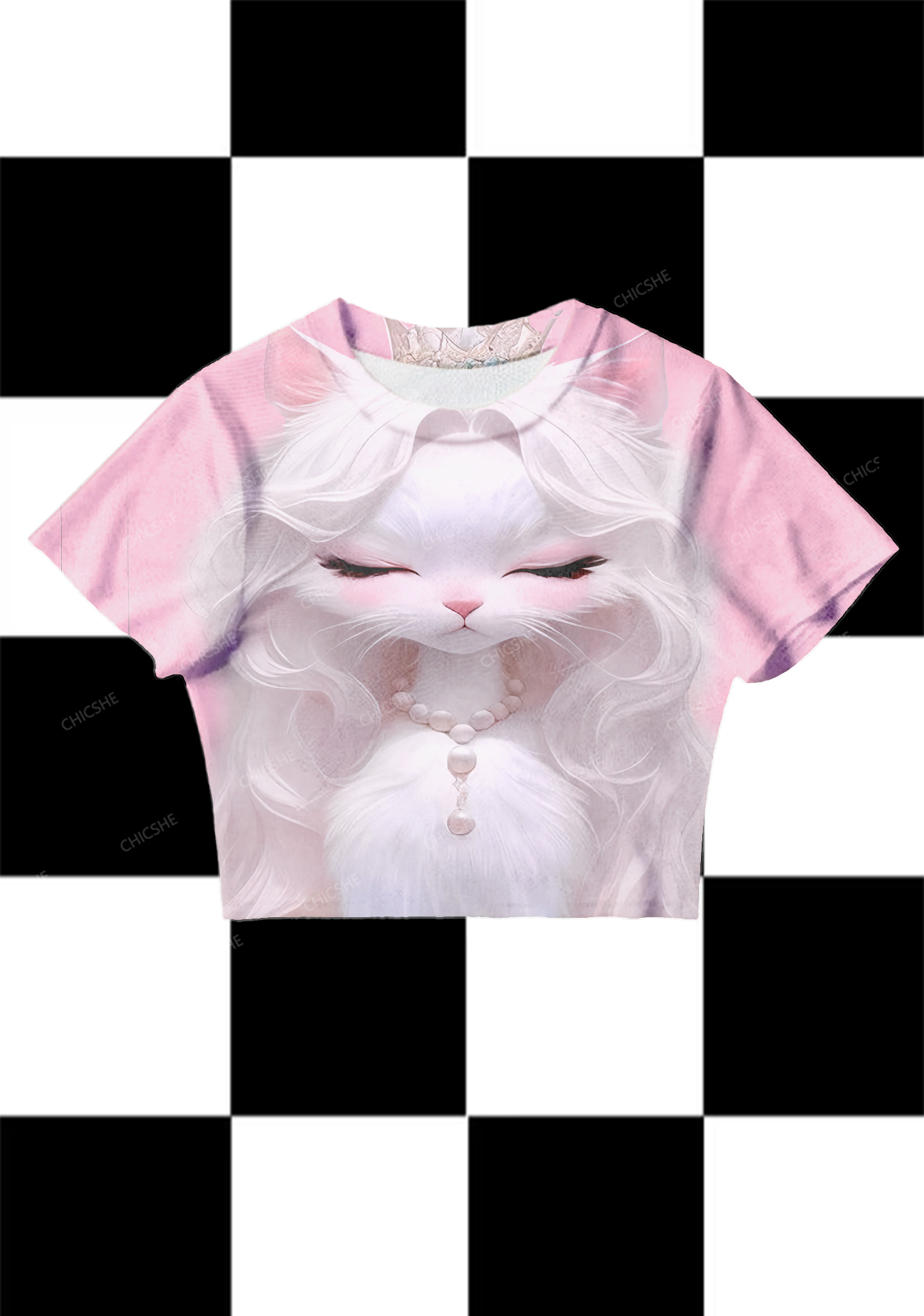 Chicshe White Queen Cat Y2K Mesh Crop Top