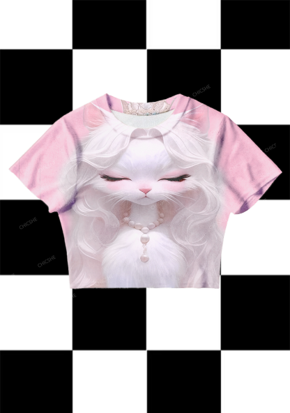 Chicshe White Queen Cat Y2K Mesh Crop Top