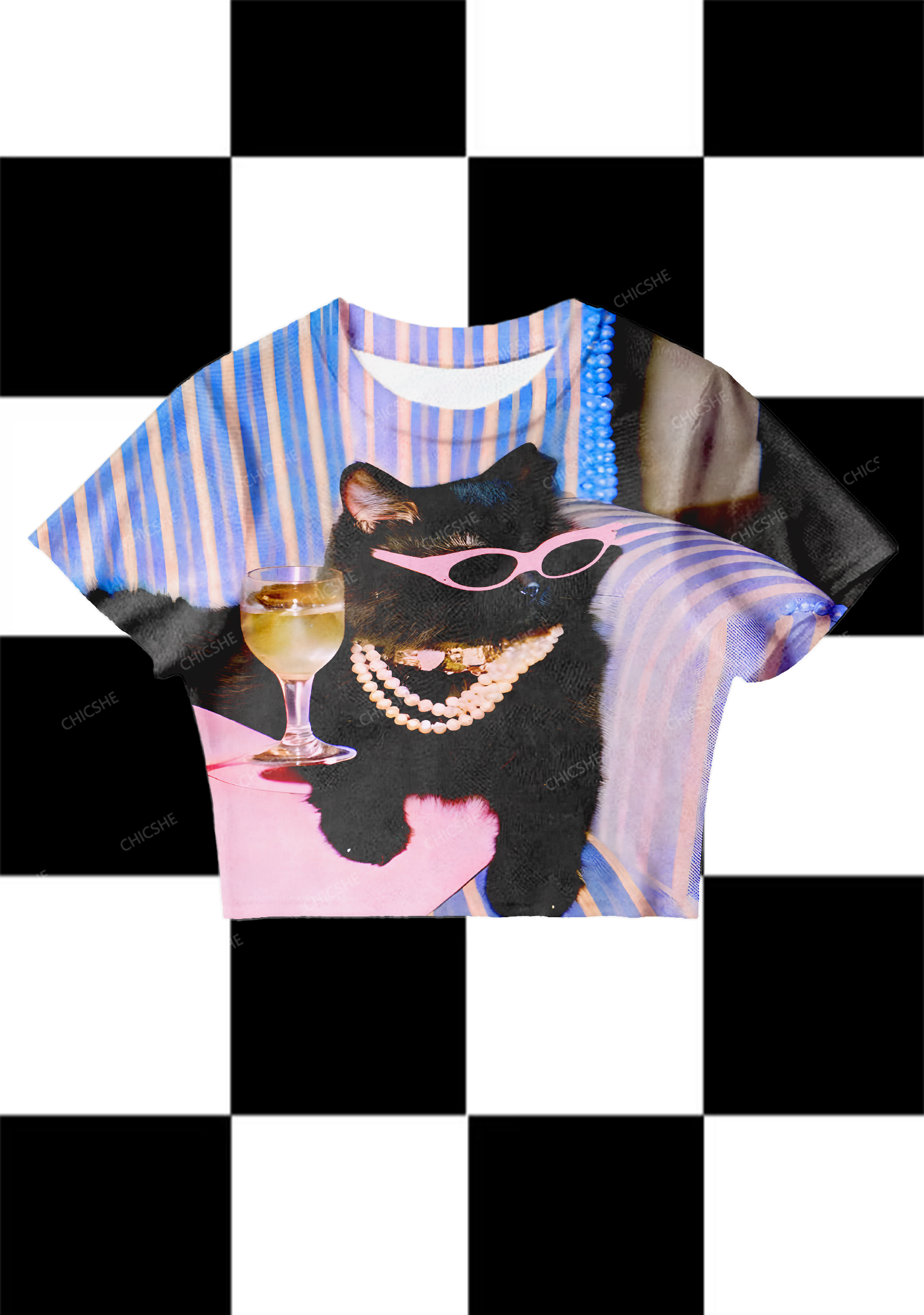 Chicshe Blue Striped Vacation Cat Y2K Mesh Crop Top