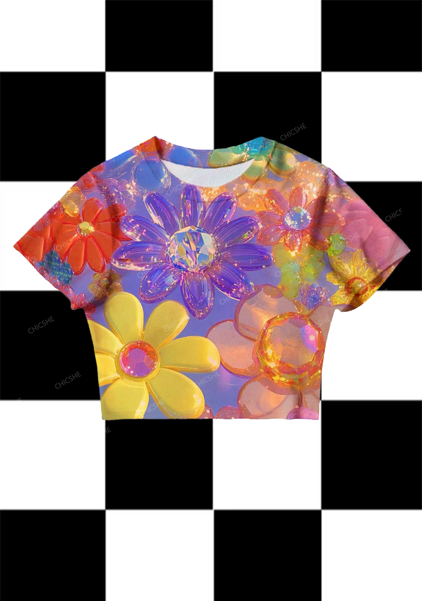 Chicshe Colorful Floral Print Y2K  Mesh Crop Top