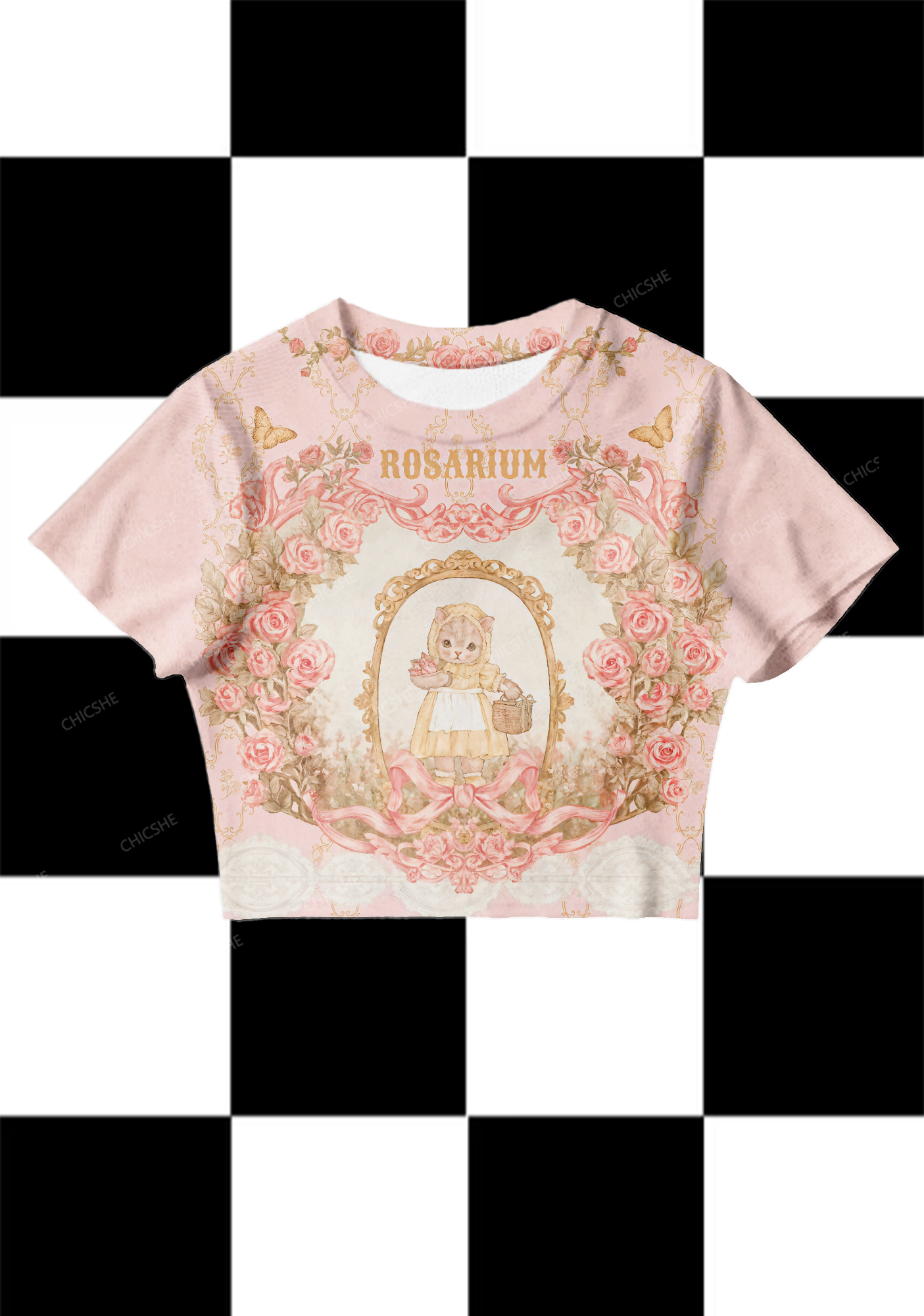 Chicshe Rusarium Print Y2K Mesh Crop Top