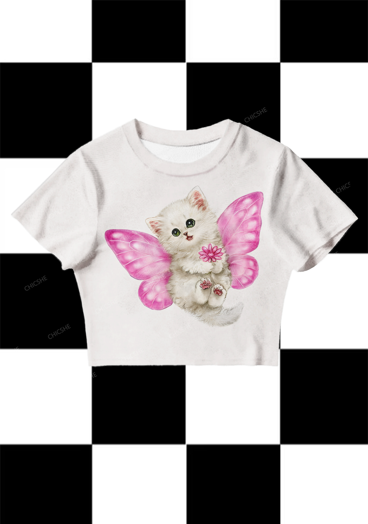 Chicshe Pink Butterfly Fairy Cat Y2K Mesh Crop Top