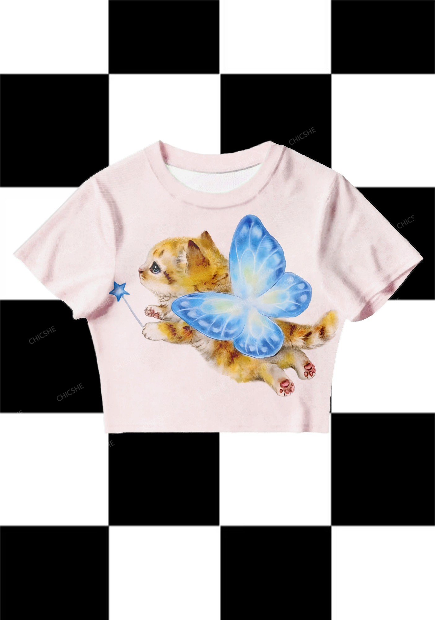 Chicshe Blue Butterfly Fairy Cat Y2K Mesh Crop Top