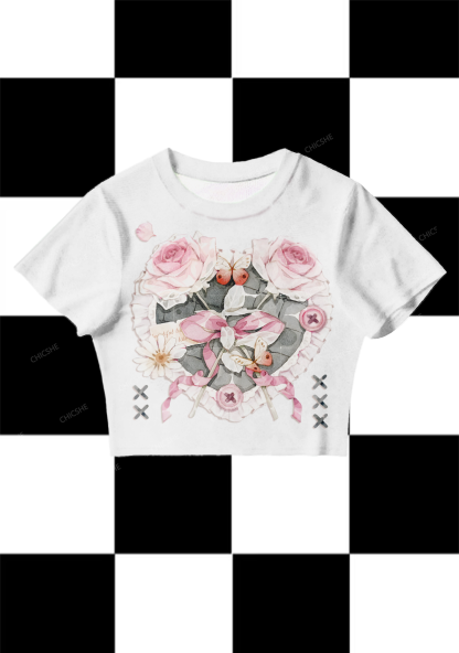 Chicshe White Rose Heart Print Y2K Mesh Crop Top