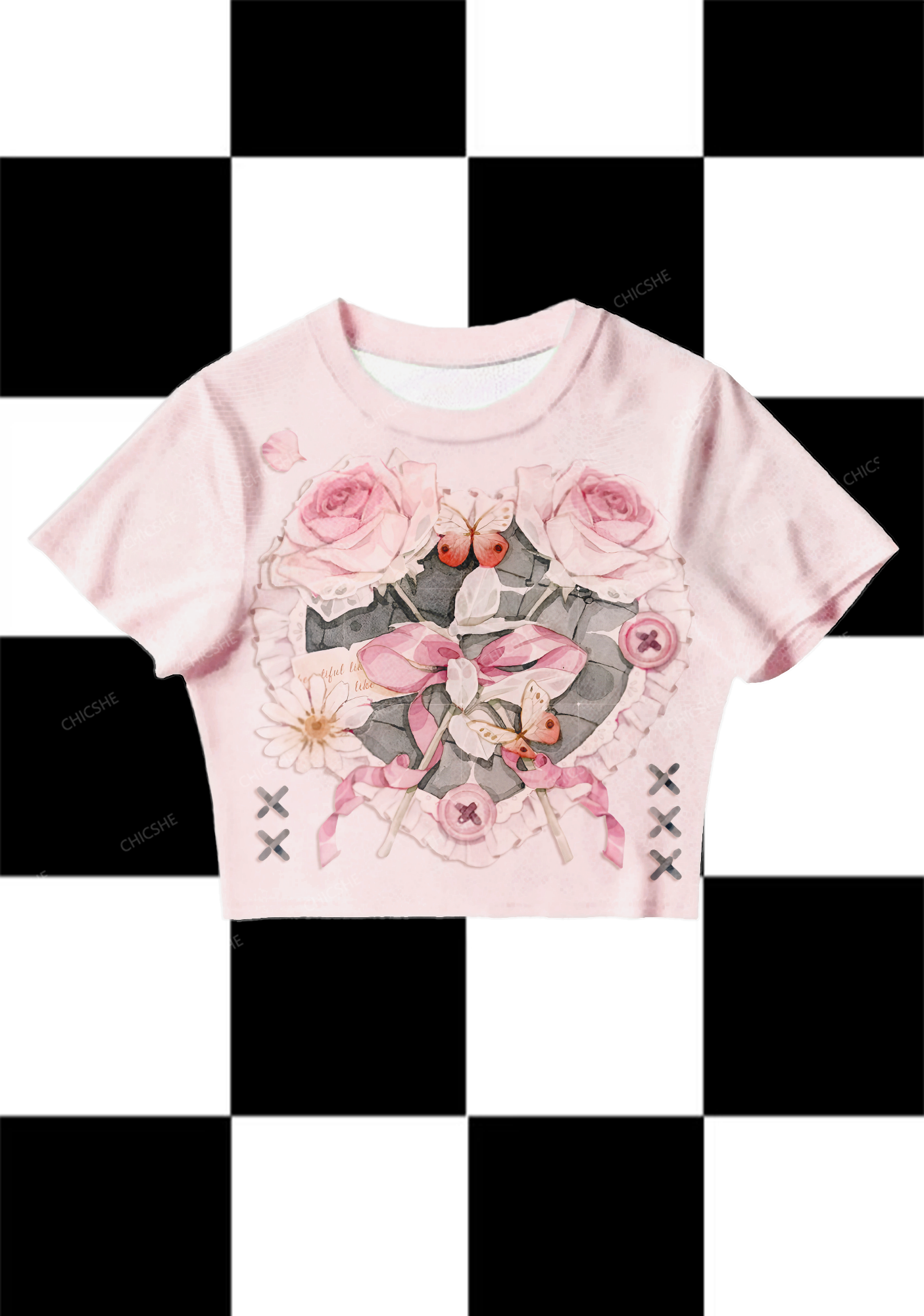 Chicshe PInk Rose Heart Print Y2K Mesh Crop Top