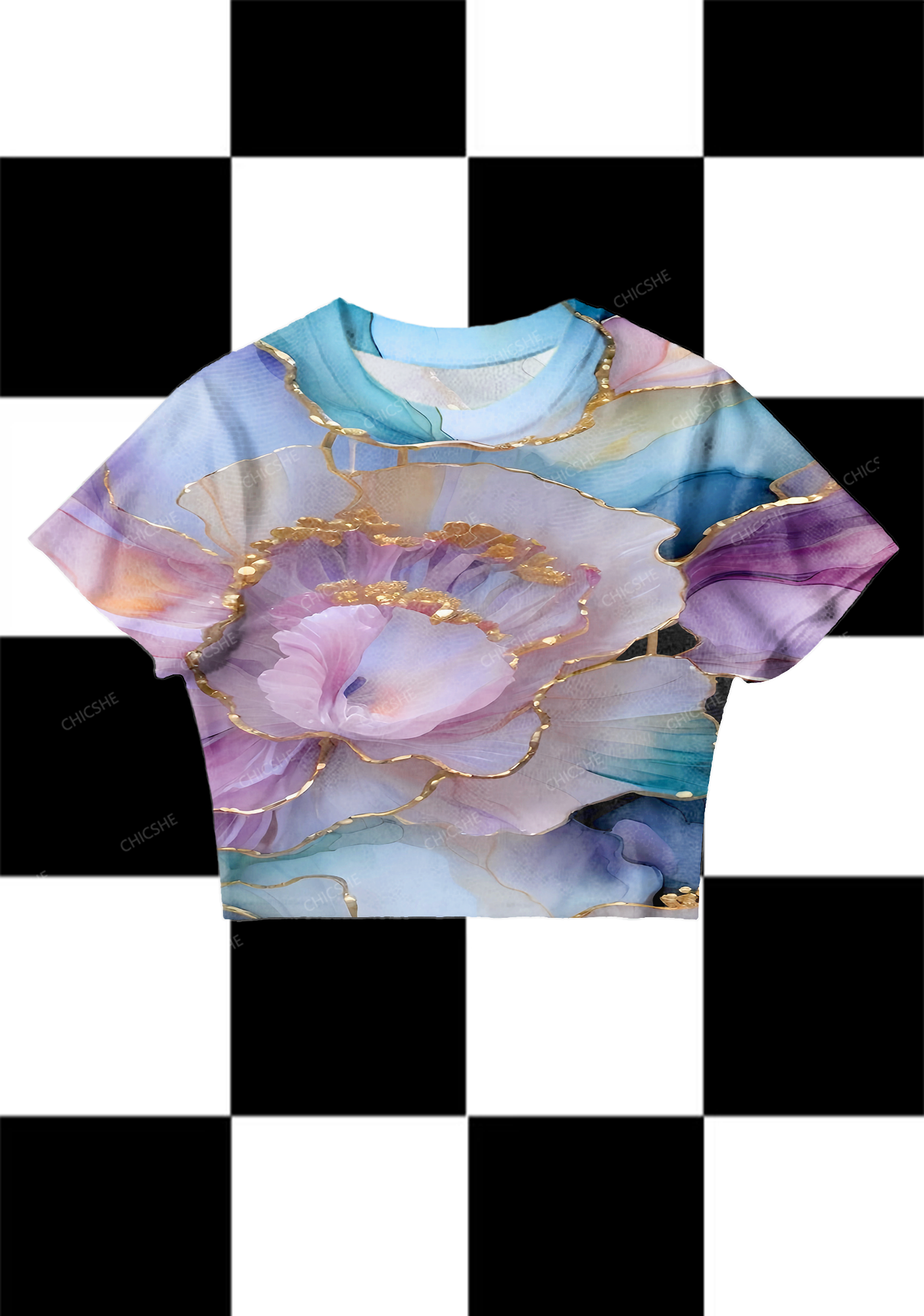 Chicshe Abstract Colorful Flower Print Y2K Mesh Crop Top
