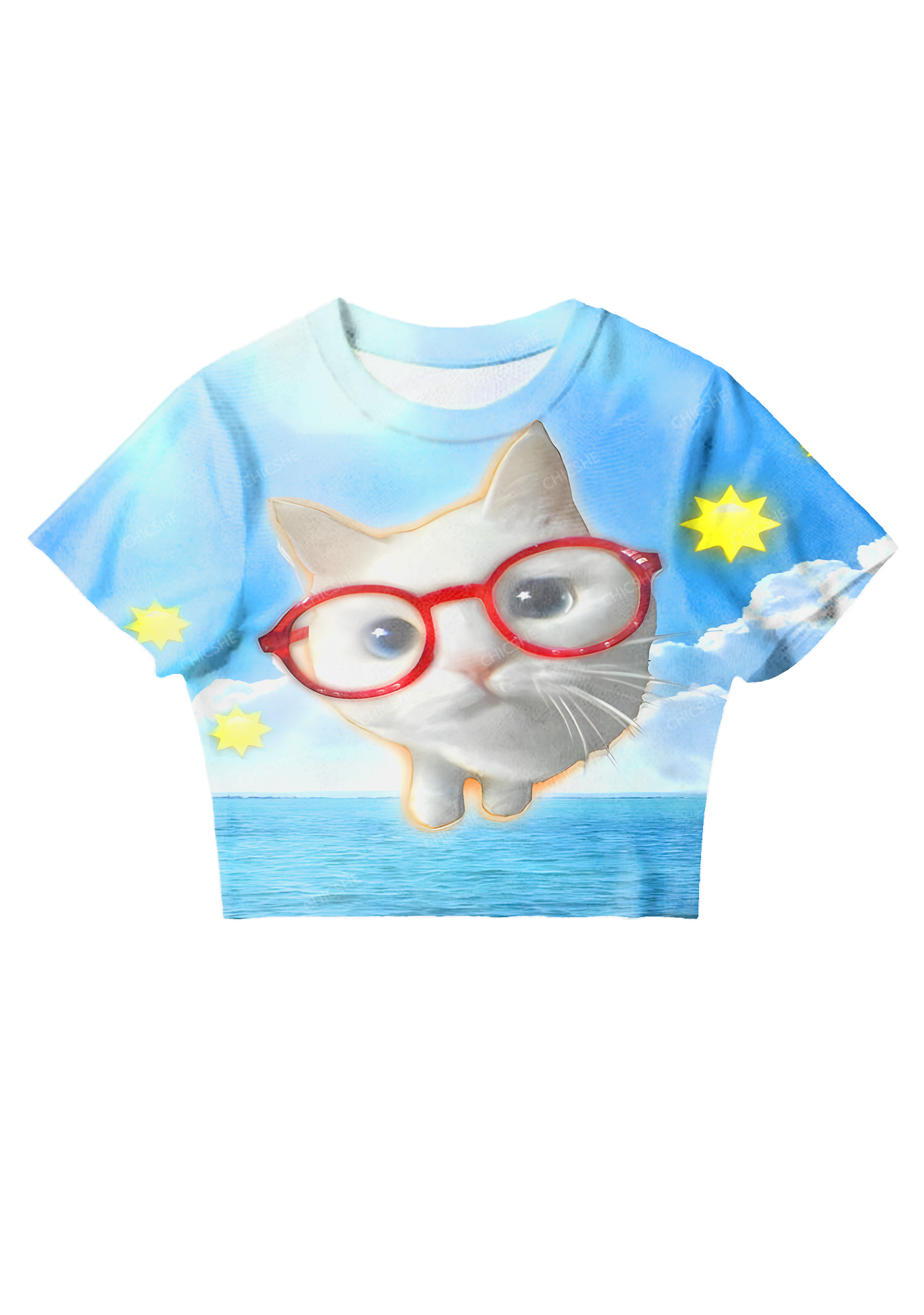 Chicshe Red Glasses Cat Y2K Mesh Crop Top