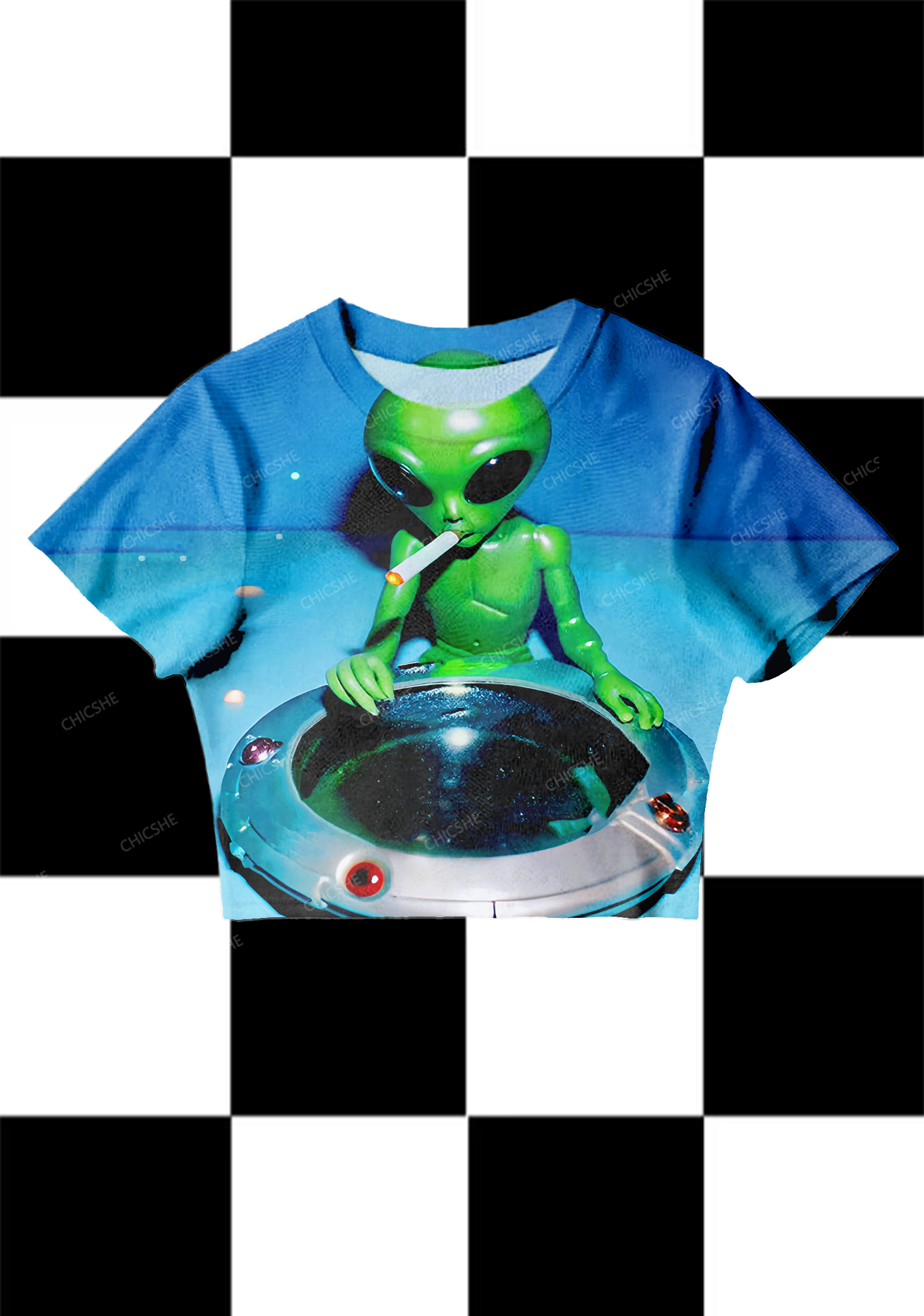 Halloween Alien Ashtray Y2K Mesh Crop Top Chicshe