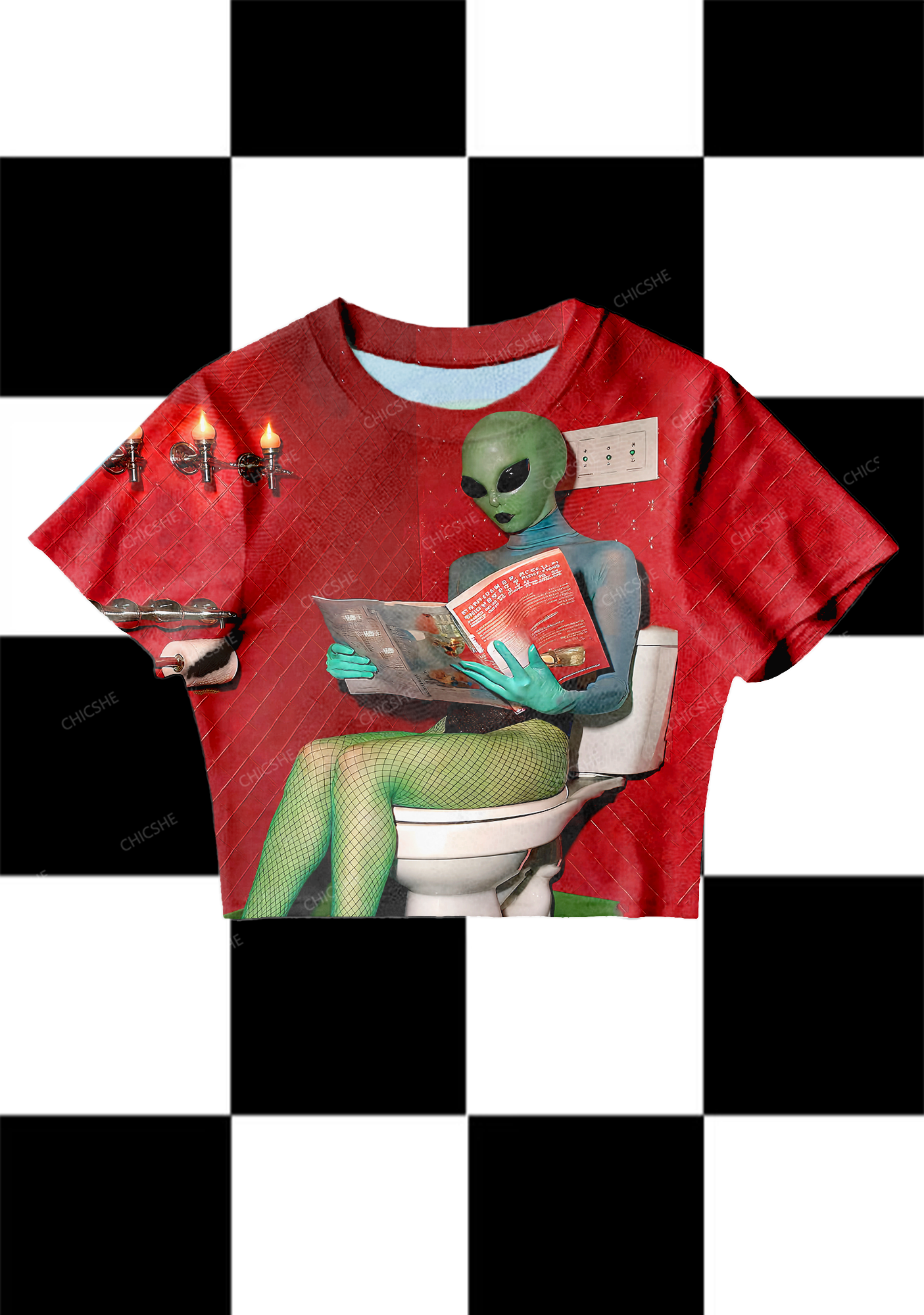 Halloween Alien On The Toilet Y2K Mesh Crop Top Chicshe